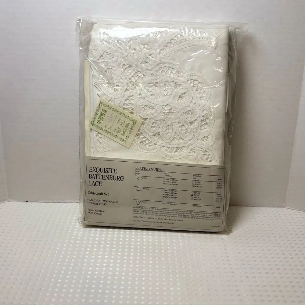 China Art Linens White Battenberg Lace Oblong Tablecloth with 8 Napkins